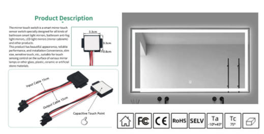 LED Mirror One Button Touch Sensor Switch with Stepless Dimming (DC 3.7V–24V)